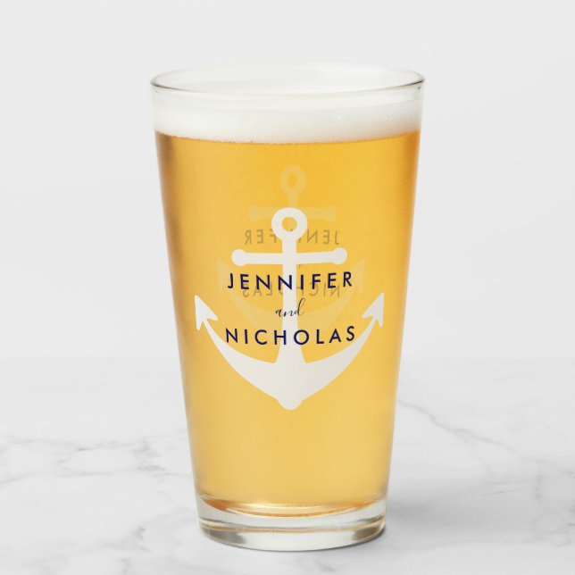 Copo De Pint Casamento Moderno Âncora Náutica (Frente (Preenchido))