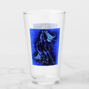 Copo De Pint Cavalo Azul Neon Correndo À Lua À Noite Estrelad