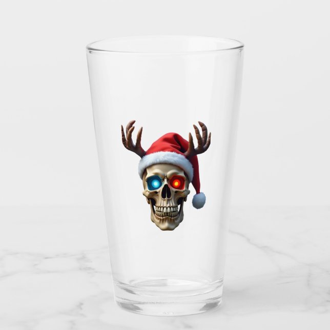 Copo De Pint Caveira de Natal com Chapéu de Papai Noel e Galhad (Frente)