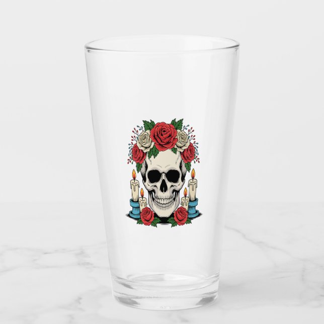 Copo De Pint Caveira Floral com Velas Halloween (Frente)