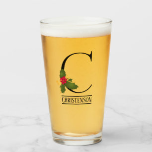 Copo De Pint Cerveja Personalizada de Holiday Holly Monograma C