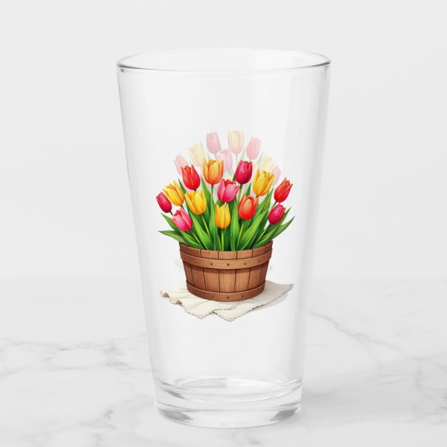 Copo De Pint Cesto de Madeira Cheio de Tulipas (Frente)