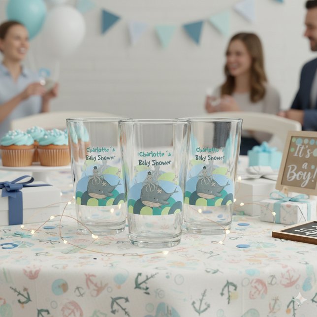 Copo De Pint Chá de Bebê Azul do Doce Polvo Naval Baleia (Sweet Nautical Whale Octopus Blue Baby Shower Glass ©Susanne Sachers - Sunny Mind 🌞)