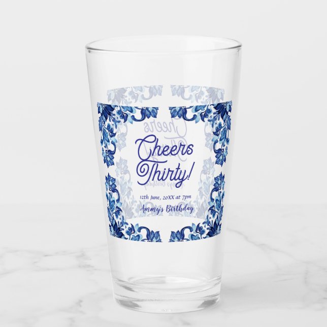Copo De Pint Cheers thirty birthday royal blue floral border na (Frente)