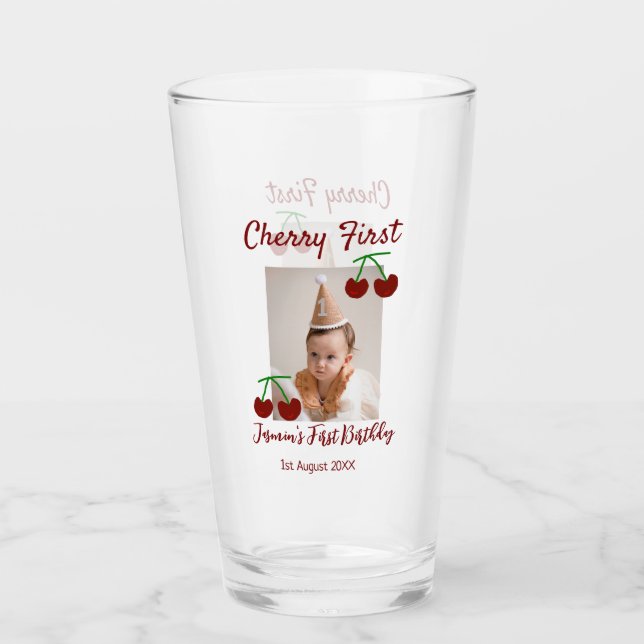 Copo De Pint Cherry Primeiro feliz foto de aniversário crianças (Frente)