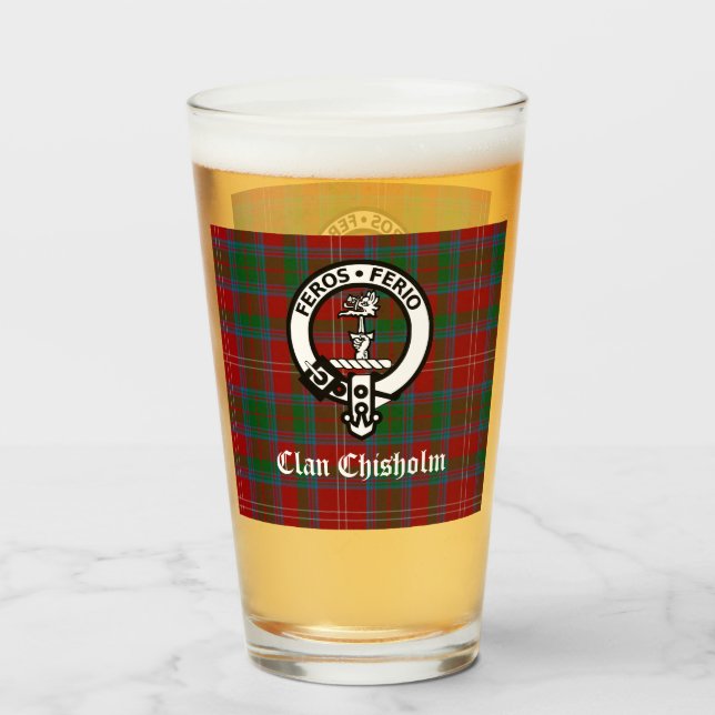 Copo De Pint Clan Chisholm Tartan & Crest Crachá (Frente (Preenchido))