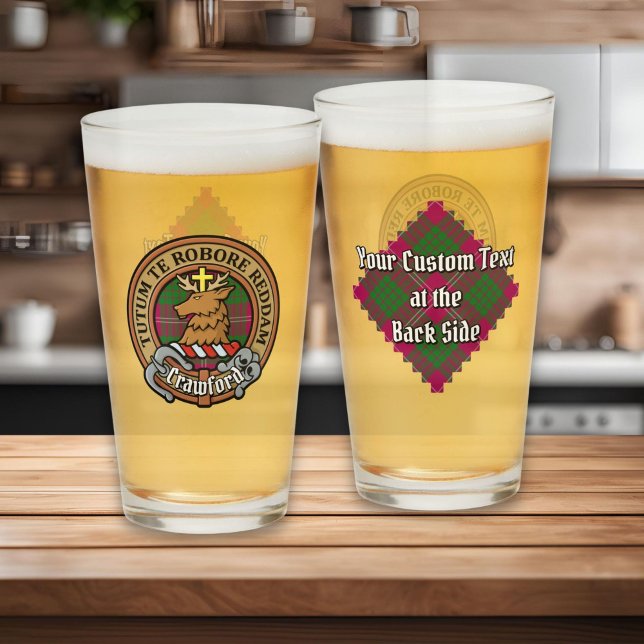 Copo De Pint Clan Crawford Crest sobre Tartan (Criador carregado)