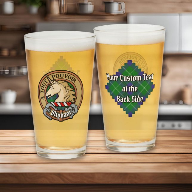 Copo De Pint Clan Oliphant Crest sobre Tartan (Criador carregado)