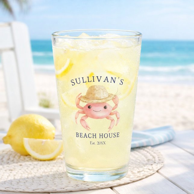 Copo De Pint Coastal Beach House Pink Crab Blue Family Name (Criador carregado)