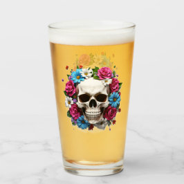 Copo De Pint Crânio com Flores Vermelhas e Azuis