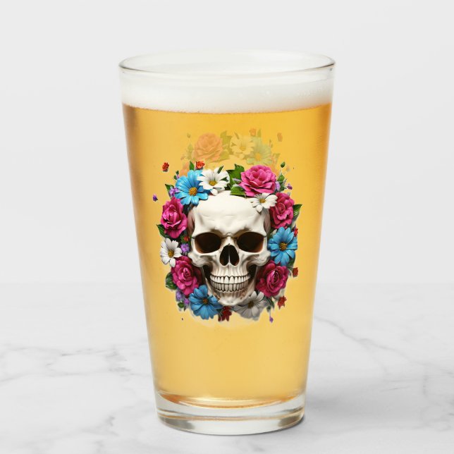 Copo De Pint Crânio com Flores Vermelhas e Azuis (Frente (Preenchido))