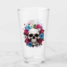 Copo De Pint Crânio com Flores Vermelhas e Azuis