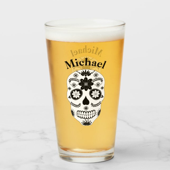 Copo De Pint Crânio De Açúcar Mexicano Preto E Branco 2 Com Nom (Frente (Preenchido))