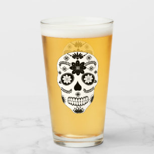 Copo De Pint Crânio Mexicano 2 Vidro Preto E Branco