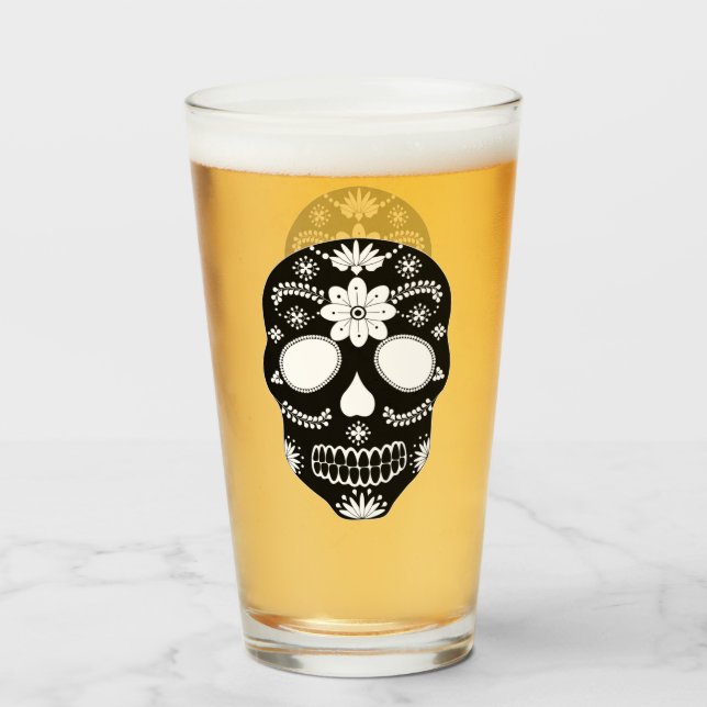 Copo De Pint Crânio Mexicano Preto E Branco (Frente (Preenchido))