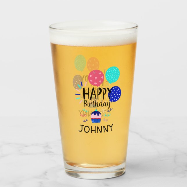Copo De Pint Cupcake & texto do feliz aniversario dos balões - (Frente (Preenchido))