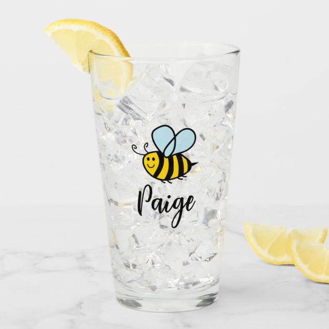 Copo De Pint Custom drink glass with cute animated bee logo (Gelo frontal)