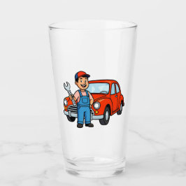 Copo De Pint Cute Cartoon Mechanic with Red Car Illustration