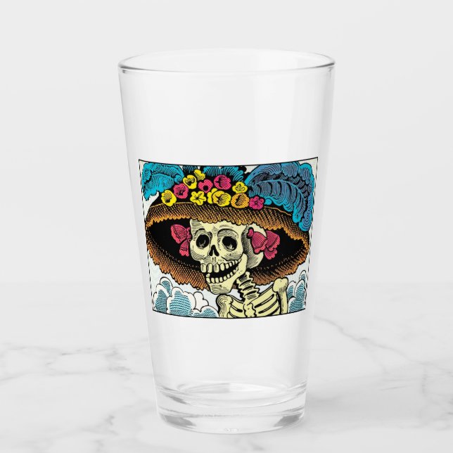 Copo De Pint Dama de Crânio Açucarado com Chapéu Floral ao Sol  (Frente)