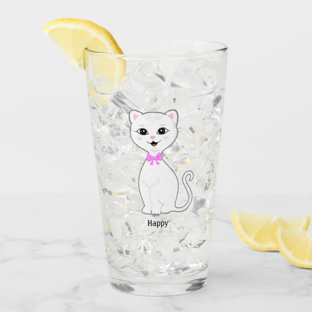 Copo De Pint Desenho de Gato Branco Feliz Fofo (Gelo frontal)