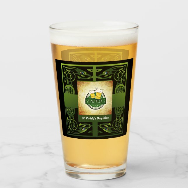 Copo De Pint Design Tradicional Verde Irlandês Celta c/ Seu Log (Frente (Preenchido))