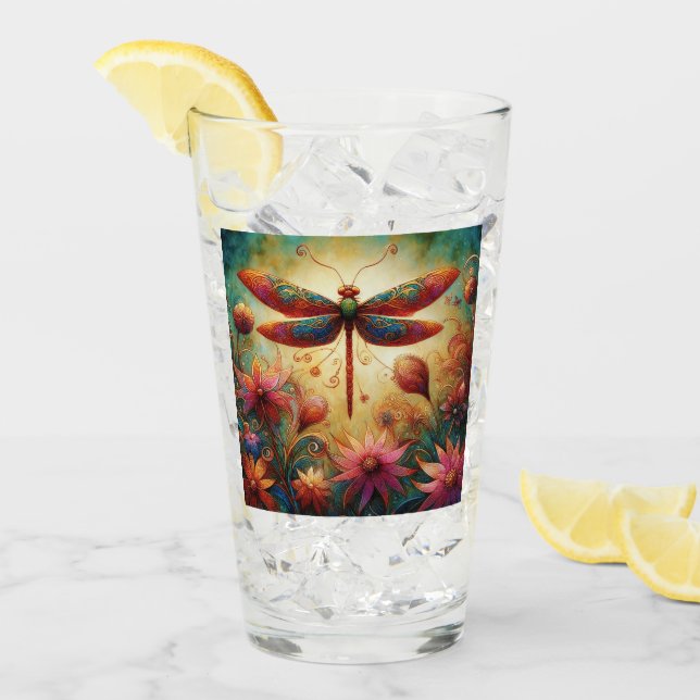 Copo De Pint Dragonfly Floral Abstrato-Art Teal Rosa (Gelo frontal)