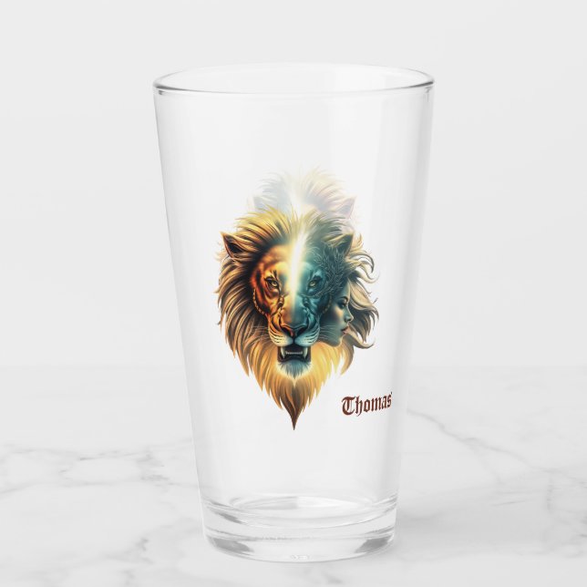 Copo De Pint Dualidade de Força, Leão e Mulher. (Frente)