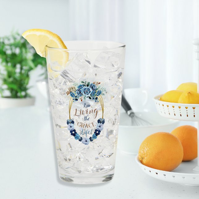 Copo De Pint Elegante Vivendo a Grace Life Blue Floral Dourada (Criador carregado)