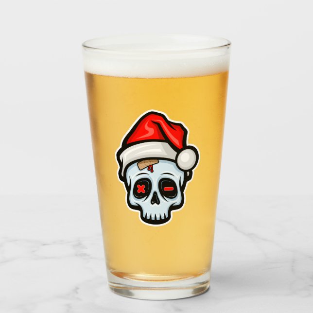 Copo De Pint Engraçado Caveira de Natal, Estilo de Cartoon (Frente (Preenchido))