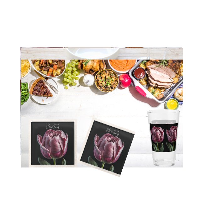 Copo De Pint Estilo americano "Elegant Purple Tulip" 16 0z - Gl (Elegant coaster  with a sleek, smooth glass top, and matching glass.)