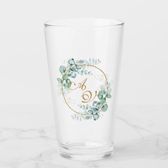 Copo De Pint Eucalipto e ouro casamento personalizado  (Frente)
