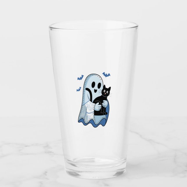 Copo De Pint Fantasma e Gato de Denim Azul de Halloween (Frente)