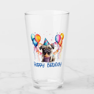 Copo De Pint Feliz Aniversário Pug Com Cupcake E Balões