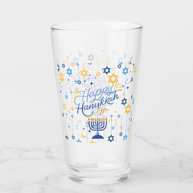 Copo De Pint Feliz Hanukkah Azul e Dourado (Frente)