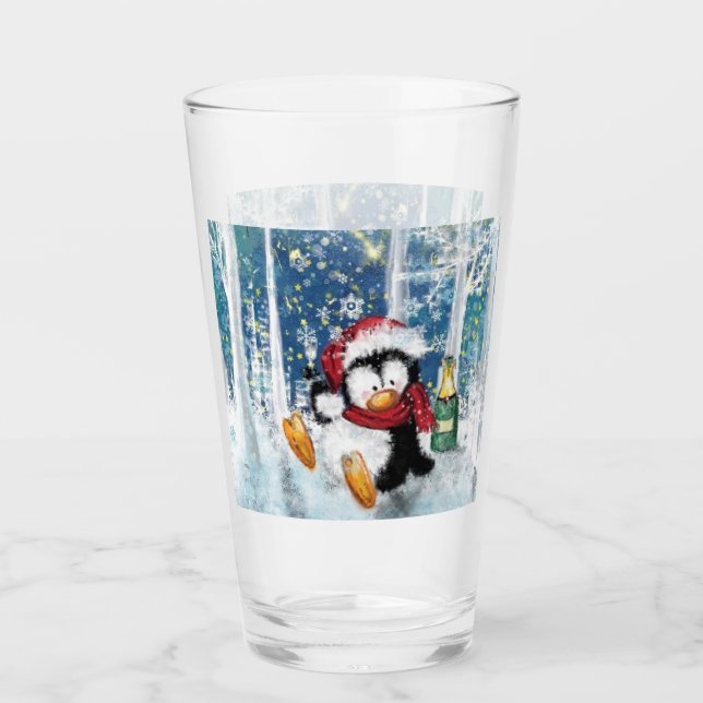 Copo De Pint Feliz Pinguim Engraçado Vidro de Natal (Frente)