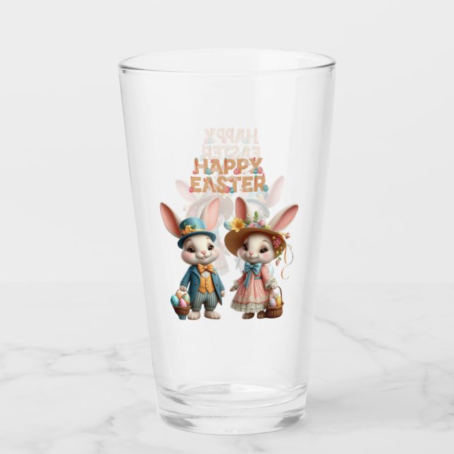 Copo De Pint Felz pascoa branco, com 2 coelhos (Frente)