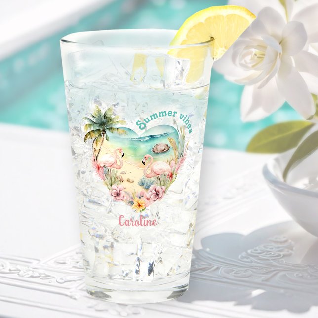 Copo De Pint Flamingo Summer Beach Heart Tropical Hawaii Name (Flamingo Summer Beach Heart Tropical Hawaii Name Glass)