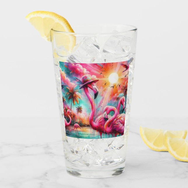 Copo De Pint Flamingos Rosa Tropicais Palmeiras Palmeiras Teais (Gelo frontal)