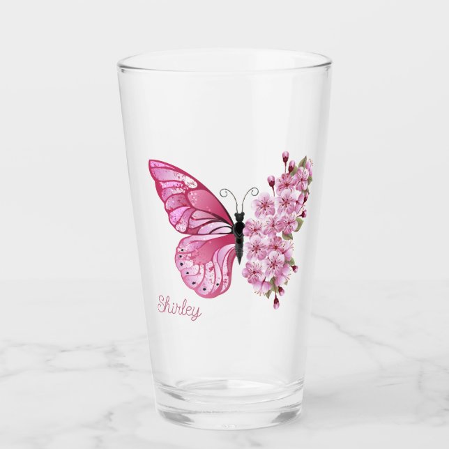 Copo De Pint Flor de borboleta com nome personalizado (Frente)