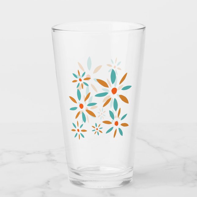 Copo De Pint Flores Abstratas Turquesa Azul e Laranja Médio Mod (Frente)