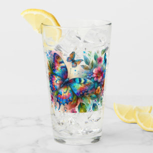 Copo De Pint Flores Florais De Borboleta De Aquarela Azul Rosa