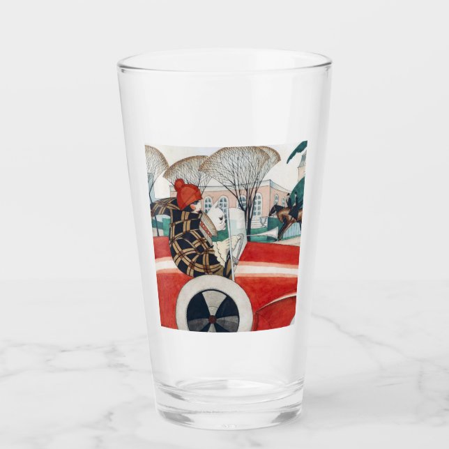 Copo De Pint Garota e Cachorro num Automóvel Vermelho (Frente)