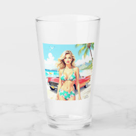 Copo De Pint Garota na praia com um carro clássico