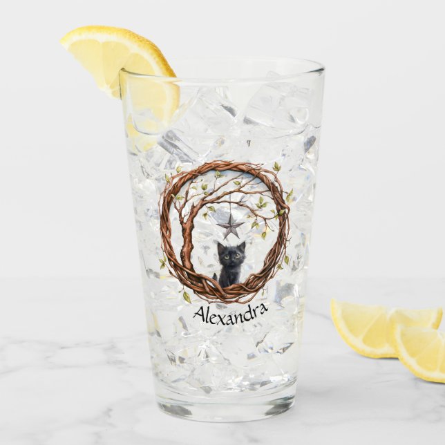 Copo De Pint Gatinho Preto Bonito Observando uma Estrela (Gelo frontal)