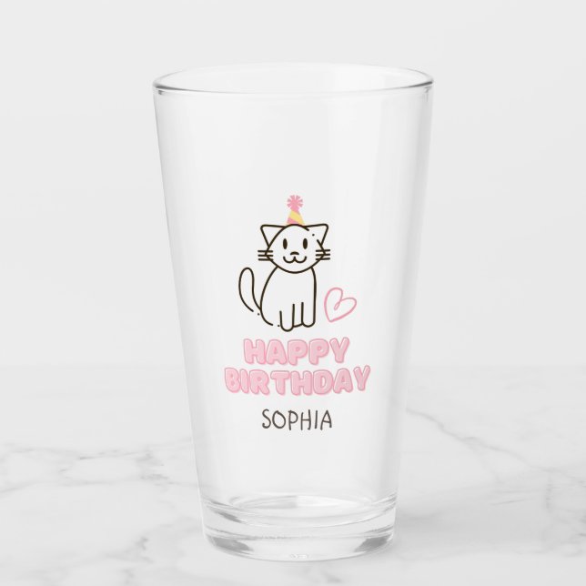 Copo De Pint Gato Adorável num Chapéu de Aniversário (Frente)