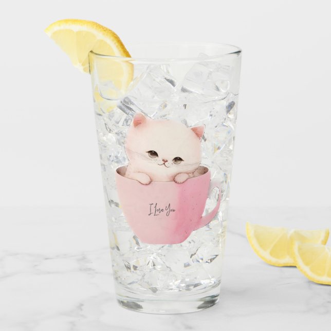 Copo De Pint Gato branco-rosado em uma taça de chá (Gelo frontal)