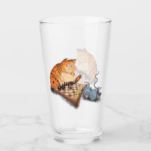 Copo De Pint Gato e Rato Jogando Xadrez Engraçado Vidro