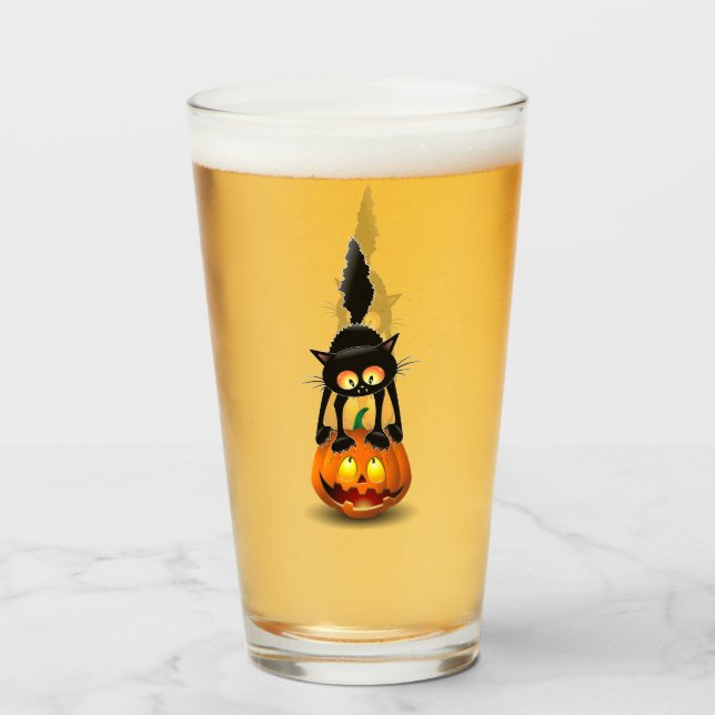 Copo De Pint Gato Halloween Caricatura Assustada na Pumpkin (Frente (Preenchido))