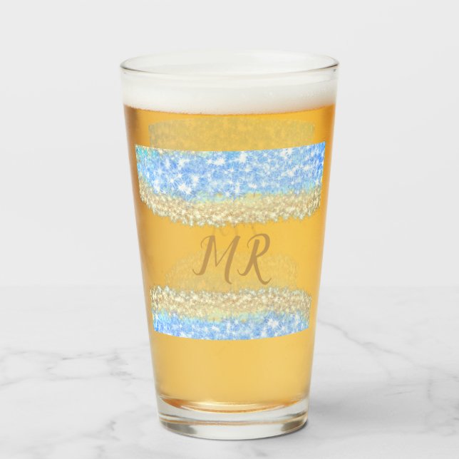 Copo De Pint glitter dourado azul glitter glitter nome monogram (Frente (Preenchido))