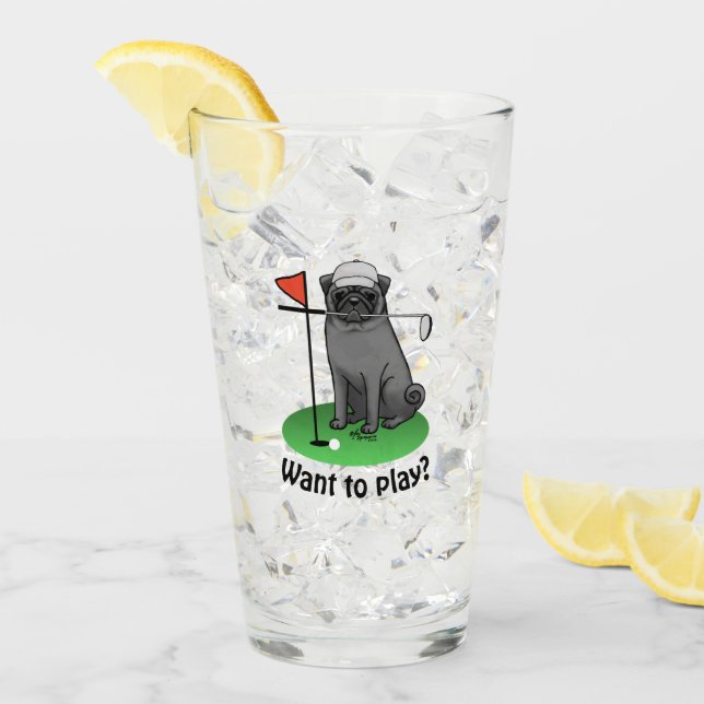 Copo De Pint Golf Pug Jogando Golfe (preto) Cachorro Bonito Eng (Gelo frontal)